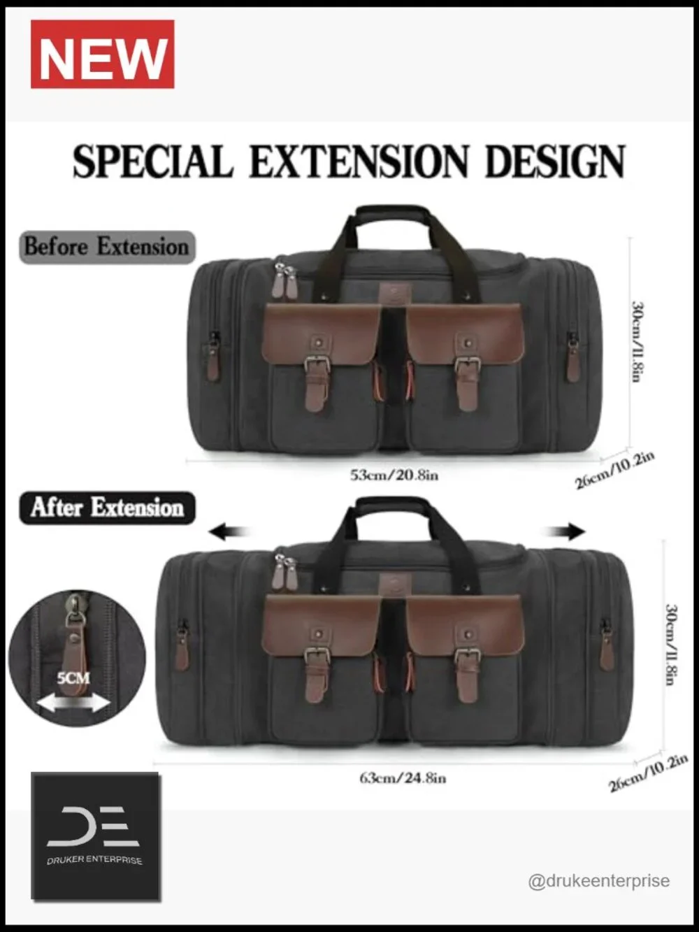 Canvas Duffel Bag 50L Expandable Travel Overnight Weekender Carry On
